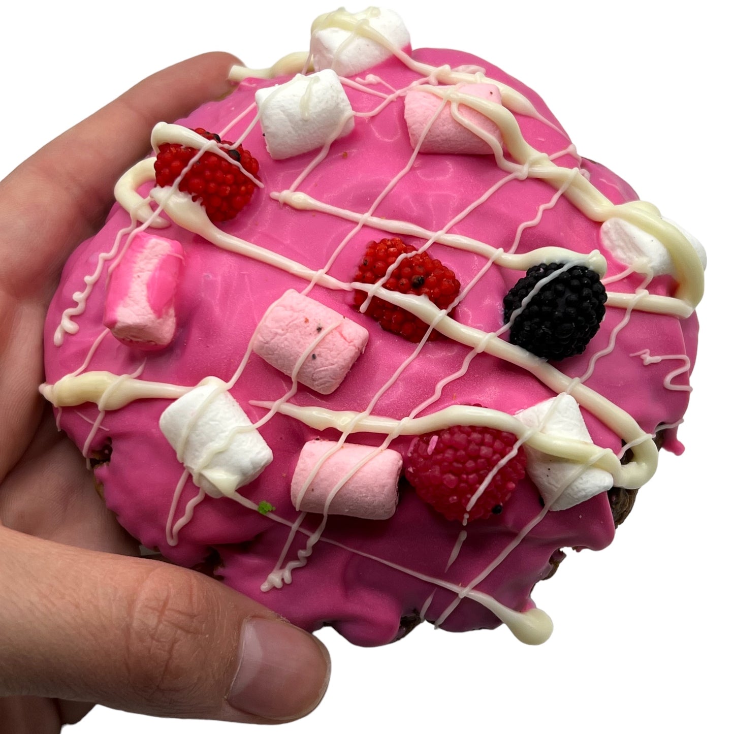 Decadent Cheesecake Berry Chip Cookie - Cream cheese filling, strawberry jam, and chocolate chips.