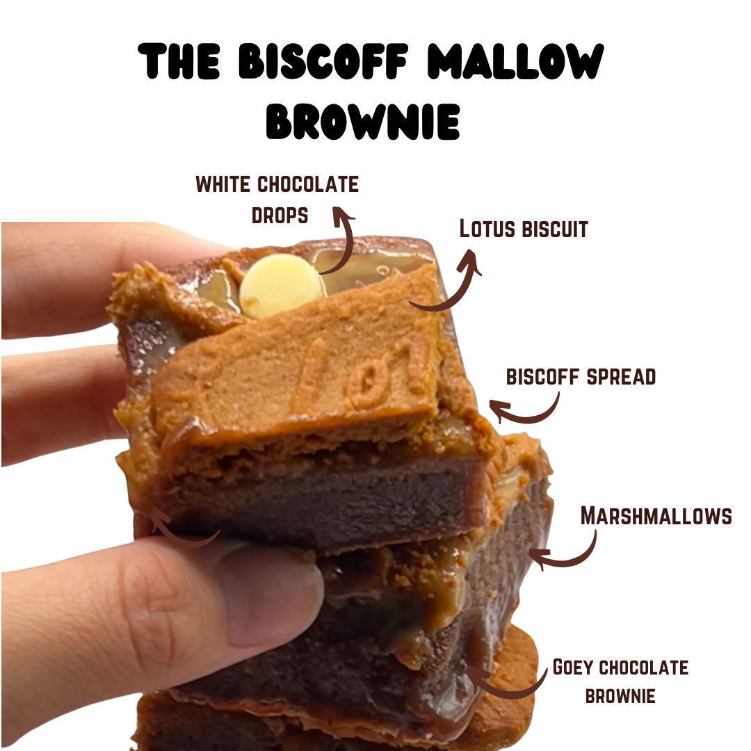 Indulgent Biscoff Mallow Chocolate Brownie topped with Lotus biscuits and white chocolate drops