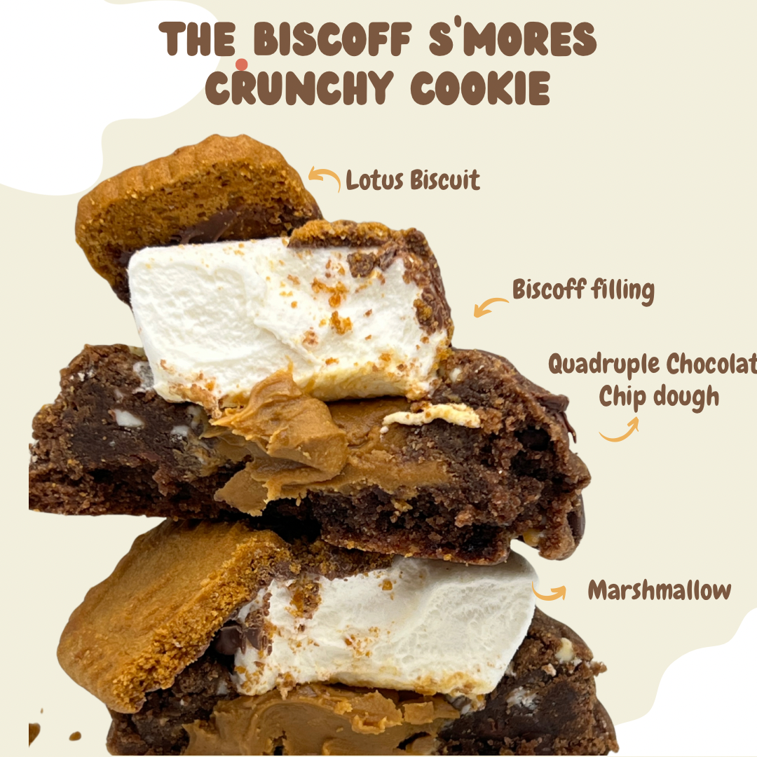 The Biscoff Smores Crunchy Cookie: Irresistible blend of Biscoff, marshmallows, chocolate, and cookie topping.