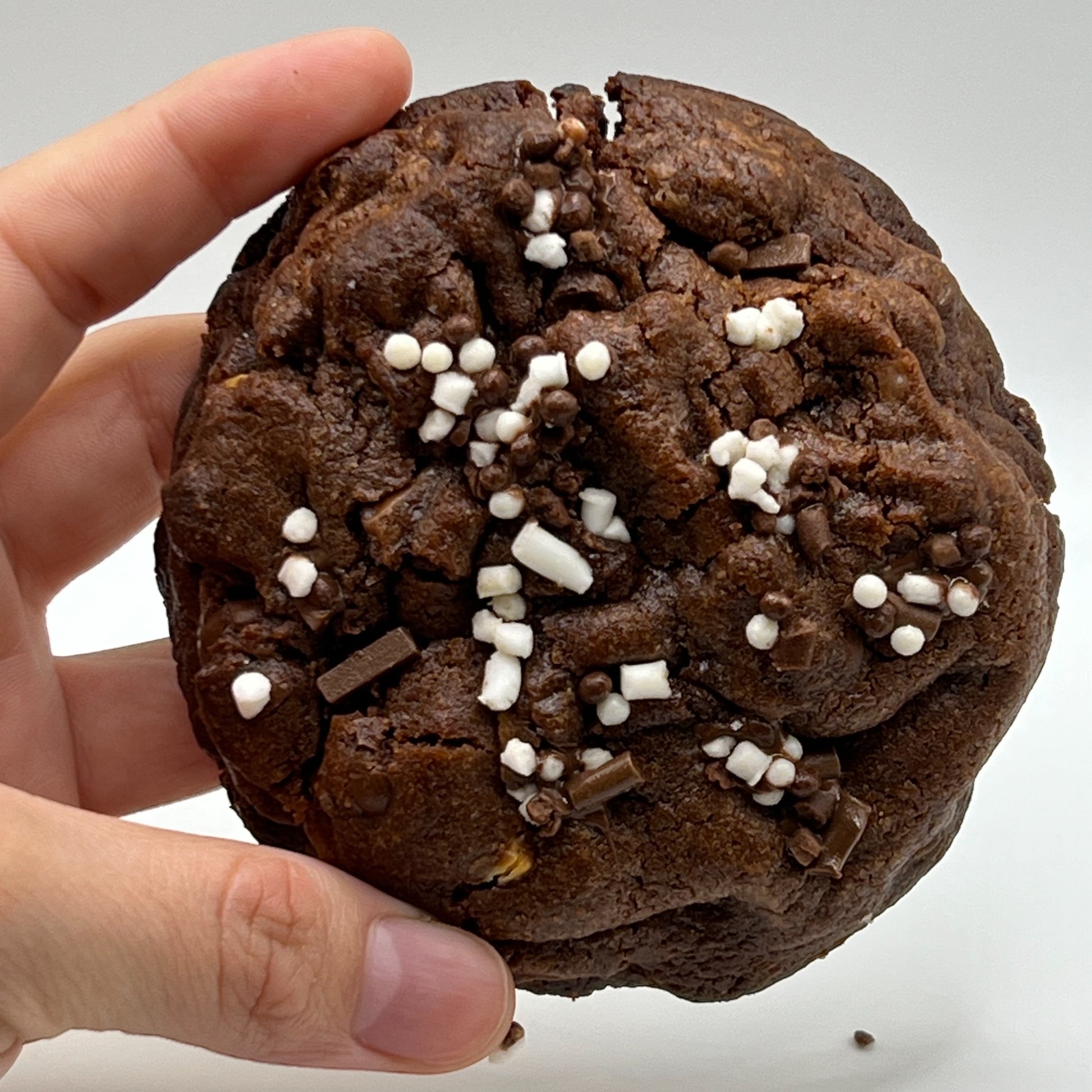 Close-up of decadent Quadruple Chocolate Chip Cookie