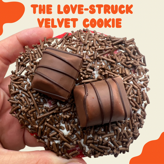 Love-Struck Velvet Delight Cookie - Close-up view showcasing the luxurious charm of white chocolate and Kinder Bueno crunch.