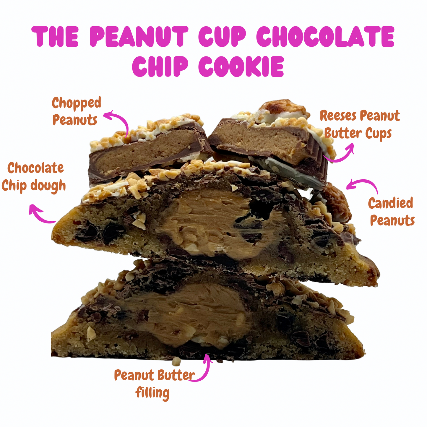 The Peanut Cup Chocolate Chip Cookie broken in half, revealing the gooey chocolate and peanut butter inside.